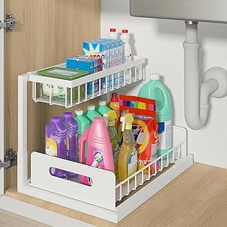 bukfen Under Sink Organizer, Pull Out Cabinet Organizer 2-Tier Slide Out Sliding Shelf Under Cabinet Storage Multi-Use for Under Kitchen Bathroom Sink Organizers and Storage,White,1 Pack