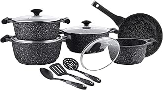 Essentials Granite 12 Piece Non-Stick Cast Aluminium Cookware sets | Induction Compatible Pots and Pans Set | Black - PR80965