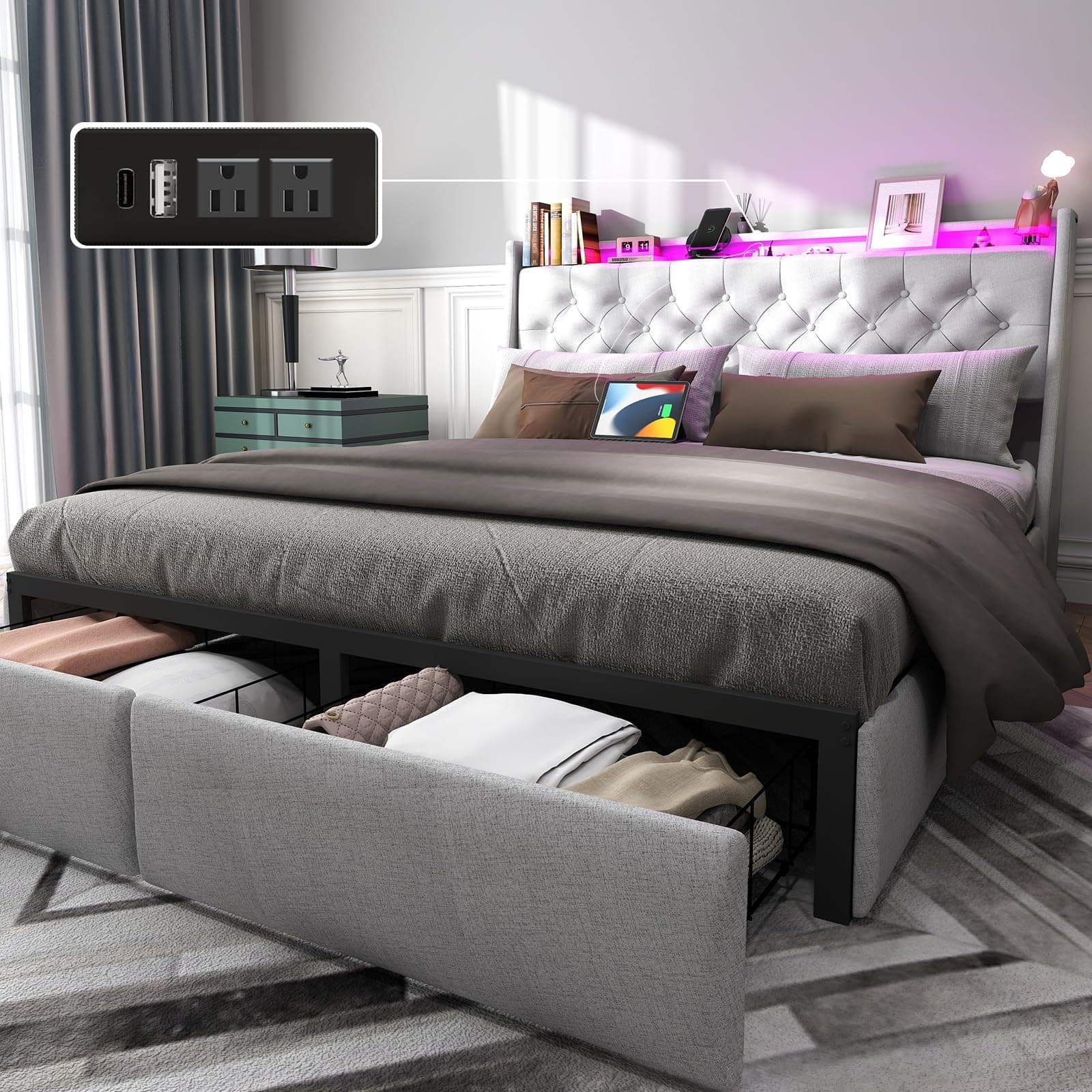 Queen Bed Frame with 2 Storage Drawers and Luxury Wingback Upholstered Button Tufted Storage Headboard,Charging Station,Storage Headboard & LED Lights/Remote Controll/Noise-Free-Beige