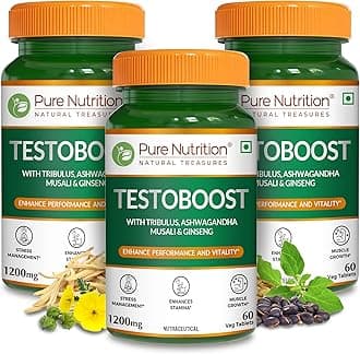 Pure Nutrition Testosterone Supplement for Men with Tribulus, Gokshura, Ashwagandha, Safed Musali, Kaunch Beej & Ginseng, Supports Energy, Stamina & Strength, 180 Veg Tabs (60 x 3)