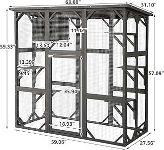 Large Outdoor Cat House Catio Kitty Enclosure with Large Enter Door, Wooden Cat Cage Condo Indoor Playpen with 6 Platforms & Small House (Grey)