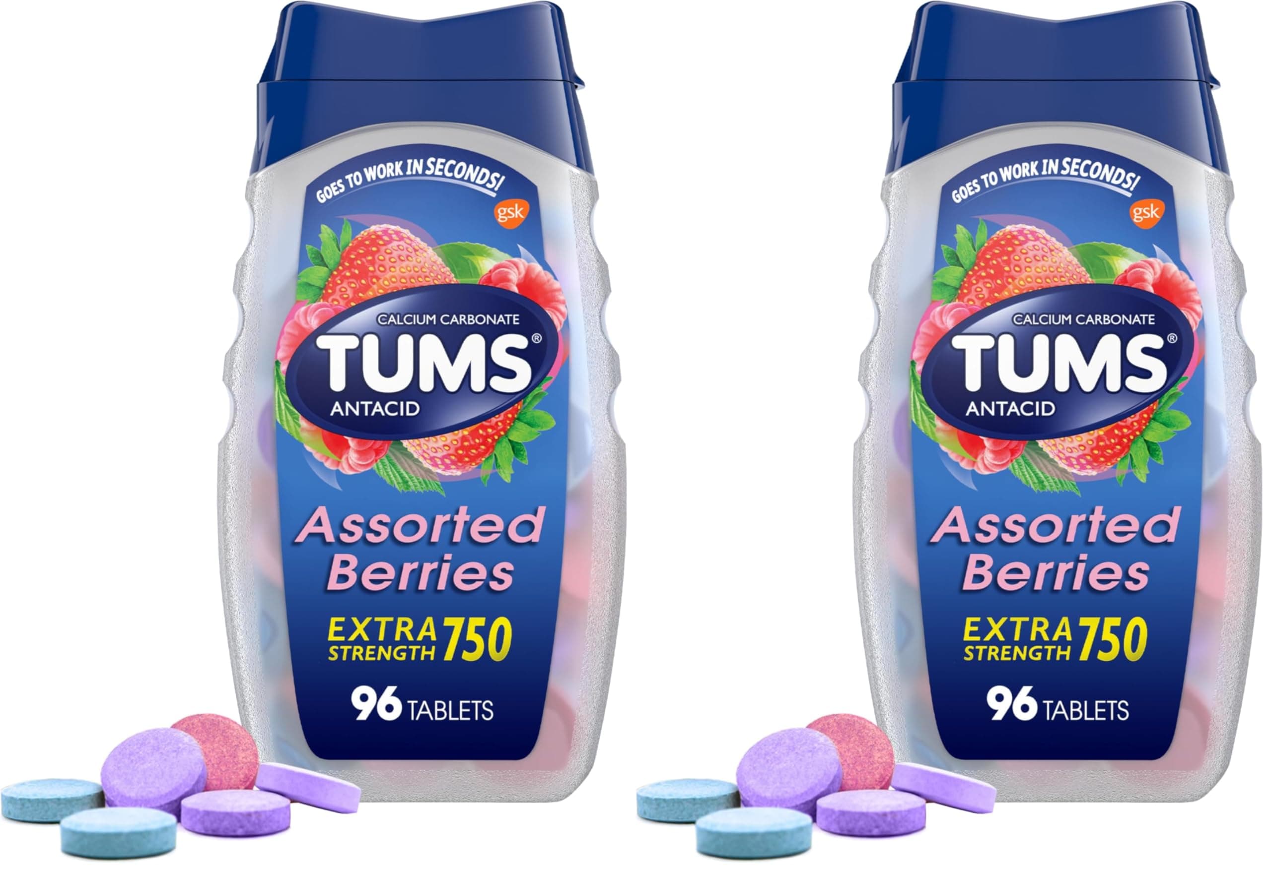 TUMS Extra Strength Assorted Berries Antacid Tablets for Heartburn Relief, 96 Count (Pack of 2)