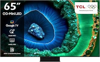 TCL television 65 Inch Smart TV 4K QD-Mini LED HDR Google TV, 3300nits, ONKYO 2.2.2ch, 144Hz VRR+240Hz DLG, Imax Enhanced, Ultra-slim Design 65C855- (2024 Model), Black