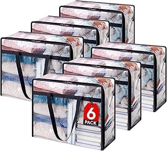 6 Pack Clear Plastic Storage Bags, 40L Foldable Clothes Storage Boxes Wardrobe Storage Organizer Moving Bags with Reinforced Handle for Loft Wardrobe for Bedding Clothes Blanket Duvet