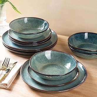 AmorArc Ceramic Dinnerware Sets,Handmade Reactive Glaze Stoneware Plates and Bowls Sets,Highly Chip and Crack Resistant | Dishwasher & Microwave Safe Dishes Set,Service for 4 (12pc)