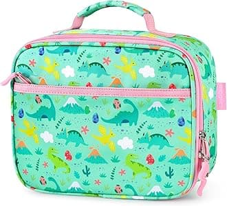 Kids Lunch Box for Girls Toddler, Insulated and Reusable Lunch Bag for School, Light Green Dinosaur Forset