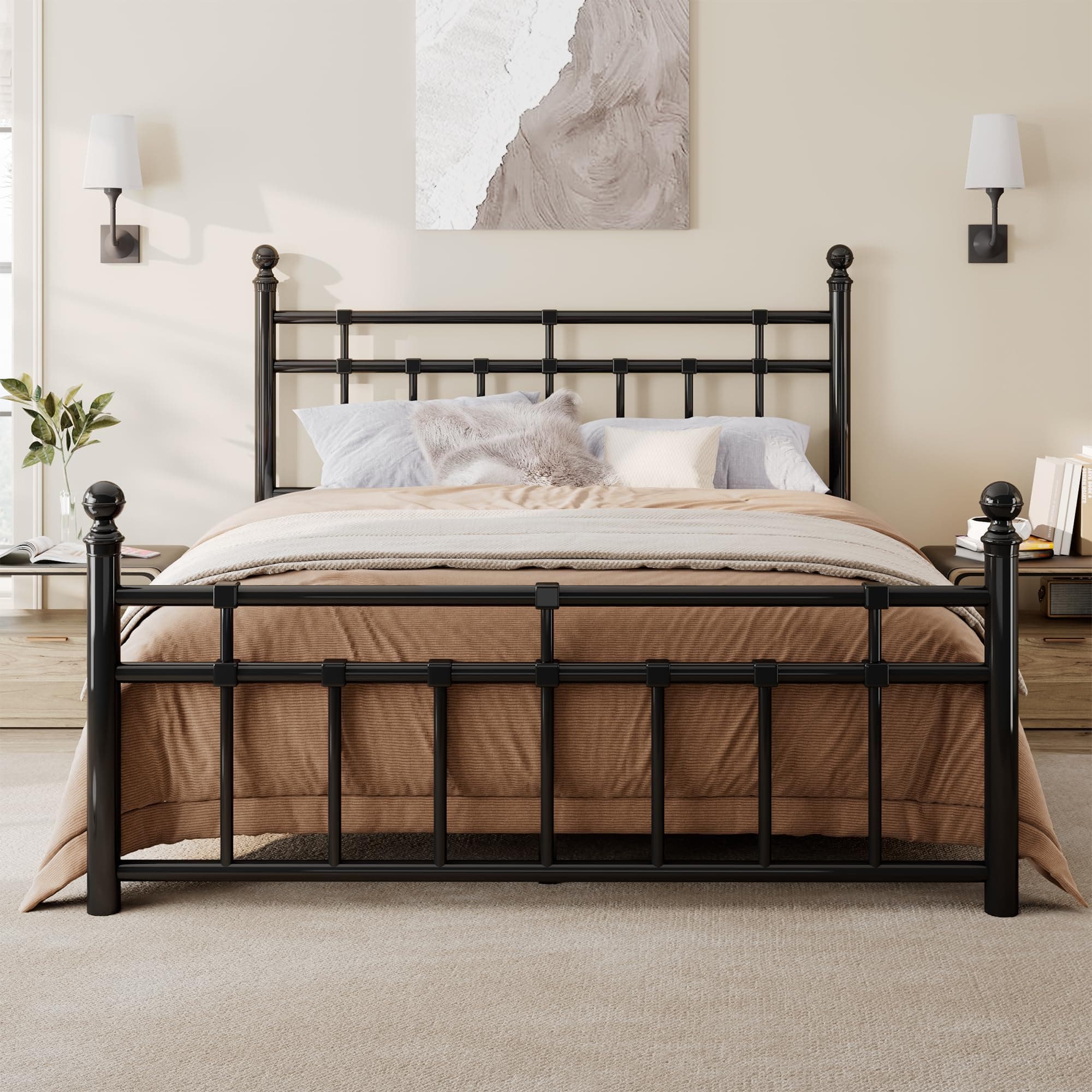 Full Size Metal Bed Frame, Platform Bed with Classic Wrought Iron-Art Headboard and Footboard, 12" Underbed Space, No Box Spring Needed, Easy Assembly, Noise-Free, Black