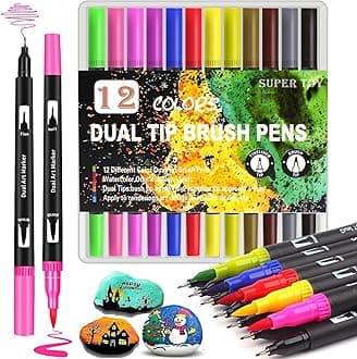 SUPER TOY 12 Dual Tip Brush Pens Felt Tip Art Markers Pen Set 12 Colors for Kids Adults Colouring Book Supplies Fineliner Tip Brush Marker for Drawing Sketching