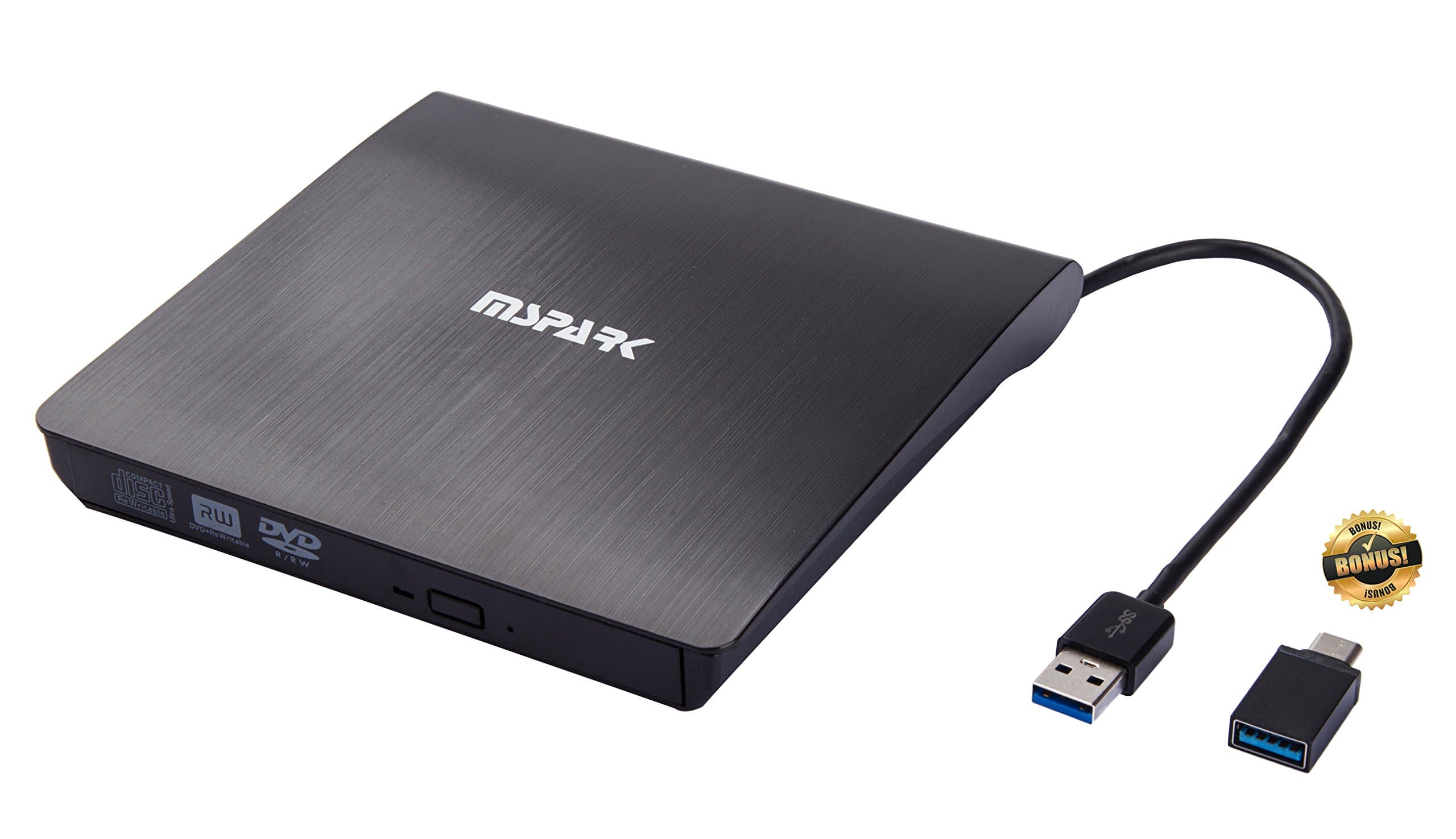 MSPARK External USB 3.0 DVD CD-RW Drive Writer Burner DVD Player for MAC MacBook Air Pro Windows Linux Laptop PC Black with Type-C Adapter