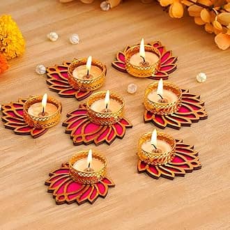 TIED RIBBONS Decorative Lotus Tealight Candle Holder Stand Set of 7 - Diwali Decoration Items for Home Decor Diyas Indoor Outdoor Office Gifting, Medium, TR-D23-TealightCandleHolder-NK004