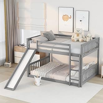 Full Over Full Bunk Bed with Slide and Ladder, Low Bunk Bed for Kids, Girls, Boys, Floor bunk beds, Gray
