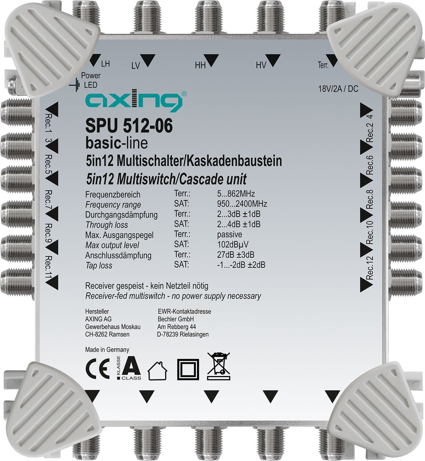 Axing SPU 512-06 Multi-Switch 5-in-12 Receiver-Powered Multiswitch Cascade Expandable SAT Active Light Grey