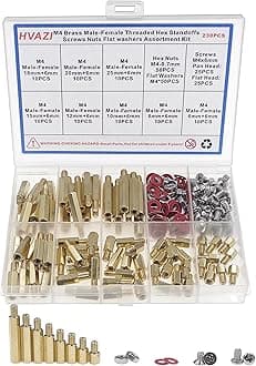 HVAZI M4 Brass Male-Female Threaded Hex standoffs spacers (Female Lengths:6mm to 25mm),Stainless Steel Screws,Nuts,Flat washers Assortment kit
