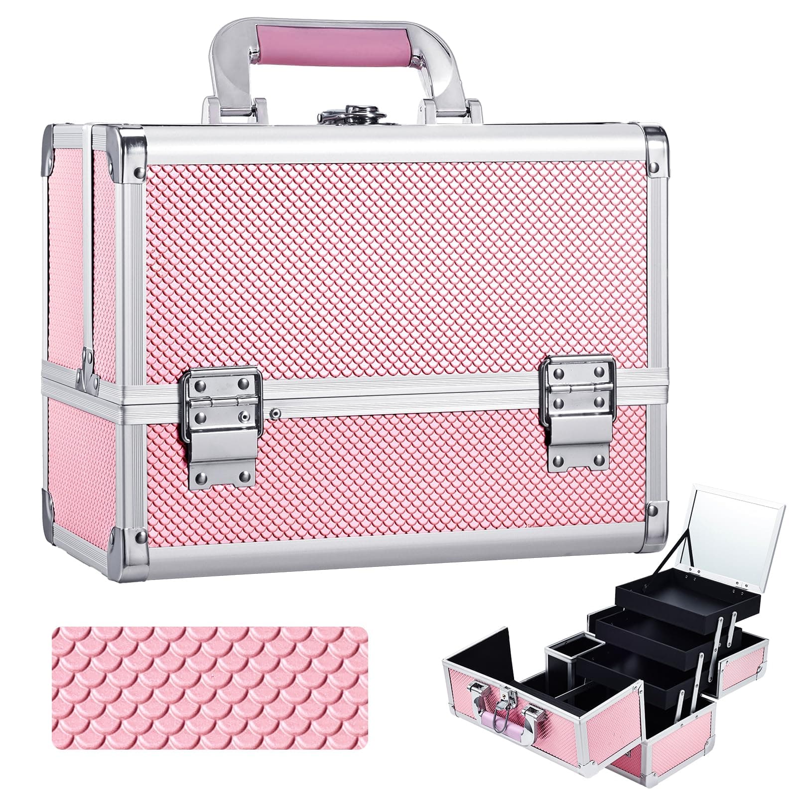 Joligrace Pink Makeup Train Case, 3-Tier Makeup Box Organizer and Portable Makeup Organizer Box, Hard Makeup Case with Mirror and Lock, Professional Makeup Case for Women, 11.8" x 9.1" x 7.1"