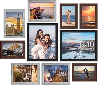 upsimples 10 Pack Picture Frames Collage Wall Decor for Mounting or Tabletop Display, Photo Gallery Frame Set for Family, Multi Sizes Including 8x10, 5x7, 4x6, Black Gray Brown