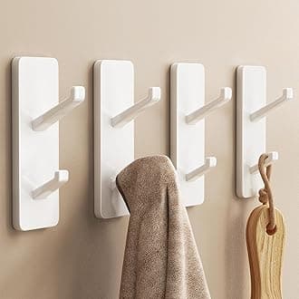 White Self Adhesive Hooks for Hanging - Stick on Hook Heavy Duty Safely Holds 6kg, Metal Wall Hanger for Coats, Towel, Purse, Hat, Keys - for Door, Dorm, Bathroom, Kitchen, Shower, Closet, 4 Pack