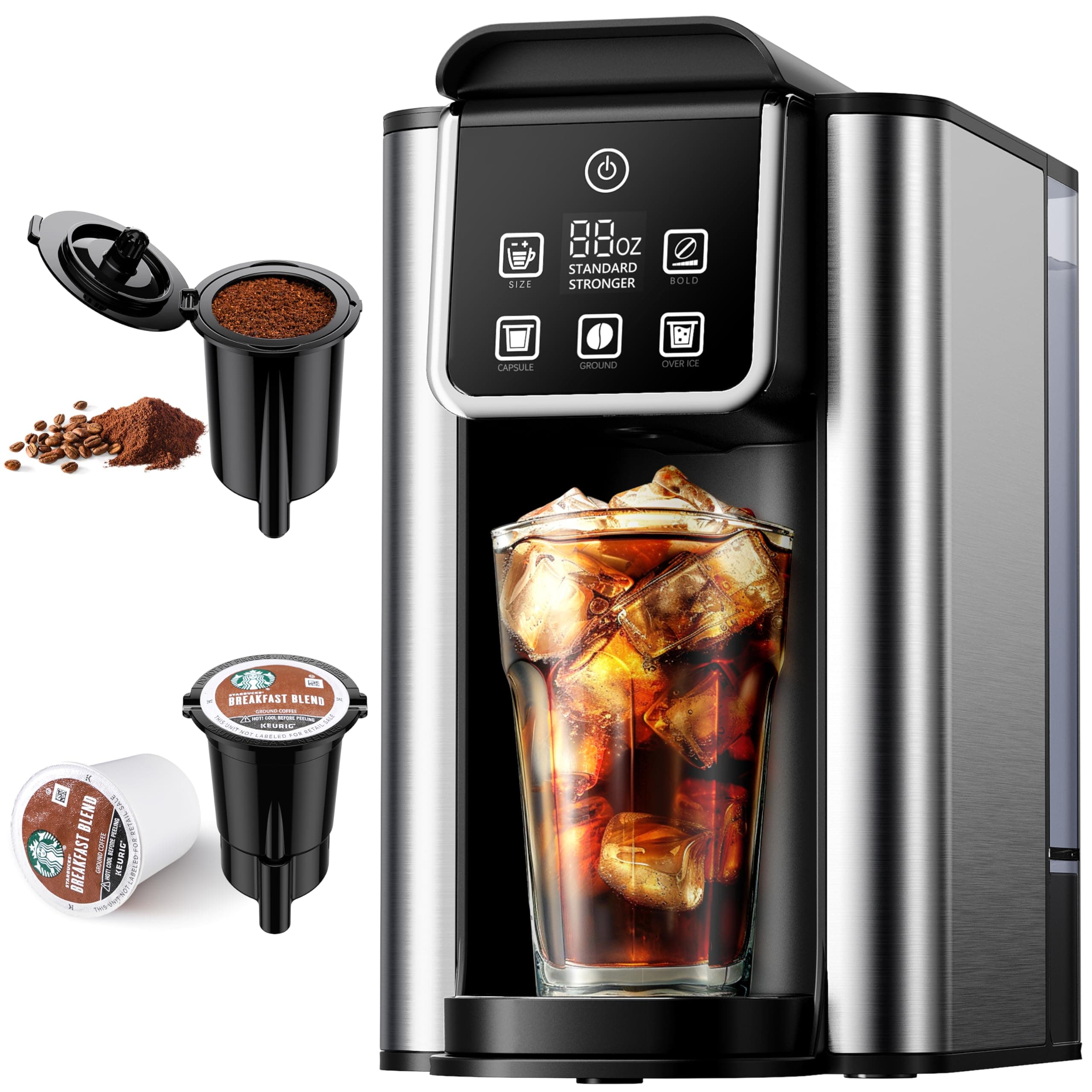 Hot & Iced Coffee Maker with Bold Setting, Single Serve Coffee Maker for K Cup and Grounds, 6-14 Oz Brew Sizes, 50 Oz Removable Water Tank, One Cup Coffee Machine with Reusable Filter, Black