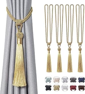 Pretty Jolly 4 Pack Long Tassel Curtain Tiebacks Handmade Braided Rope Knot Drape Tie Backs European Style Decorative Curtain Holdbacks for Home & Office Window Drapery (Gold)