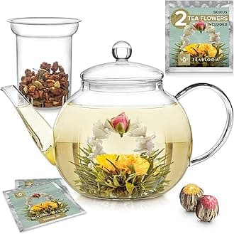 Teabloom Stovetop & Microwave Safe Glass Teapot with Removable Loose Tea Glas...