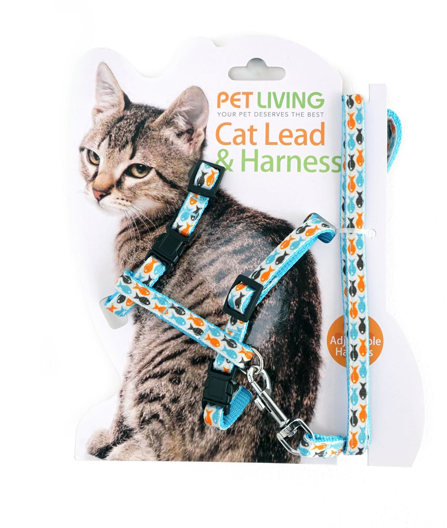 Fully Adjustable Cat Harness and Lead/Leash/Collar Fish patterned (Bllue)