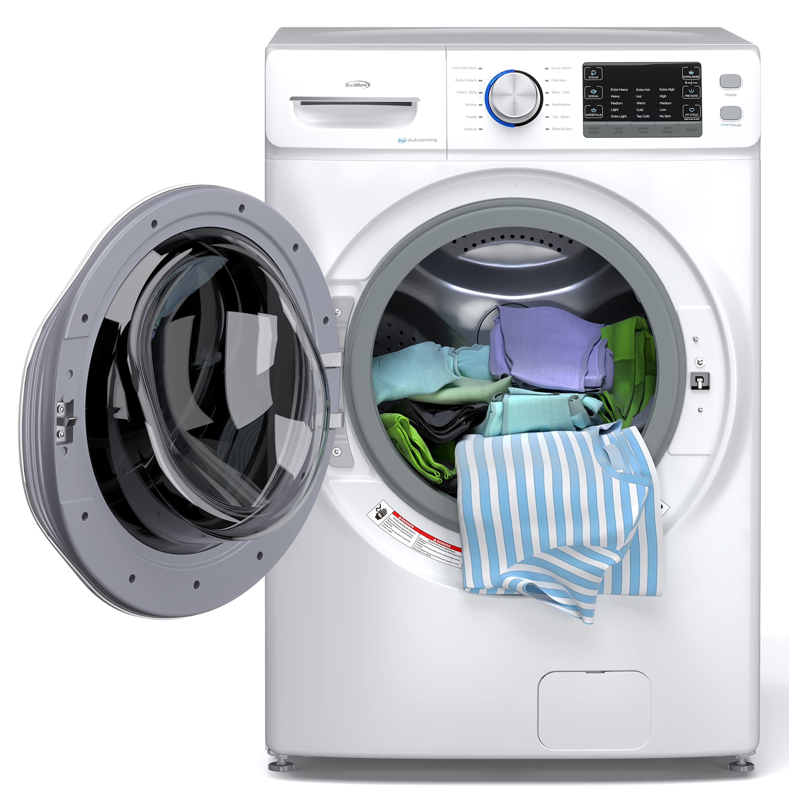 KoolMore 27" Front Load X-Large 4.5 Cu. Ft. Washing Machine with Quiet Inverter Motor, Steam and Water Plus Functions, 20-Minute Quick Wash, and 12 Washing Cycles [White] [120V] (FLW-5CWH)
