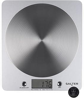Salter 1036 SVSSDR Disc Digital Kitchen Scale – Electronic Food Scale, Add & Weigh Multiple Ingredients, 5kg Capacity, Aquatronic for Measuring Liquids, Easy Read LCD Display, Includes Battery