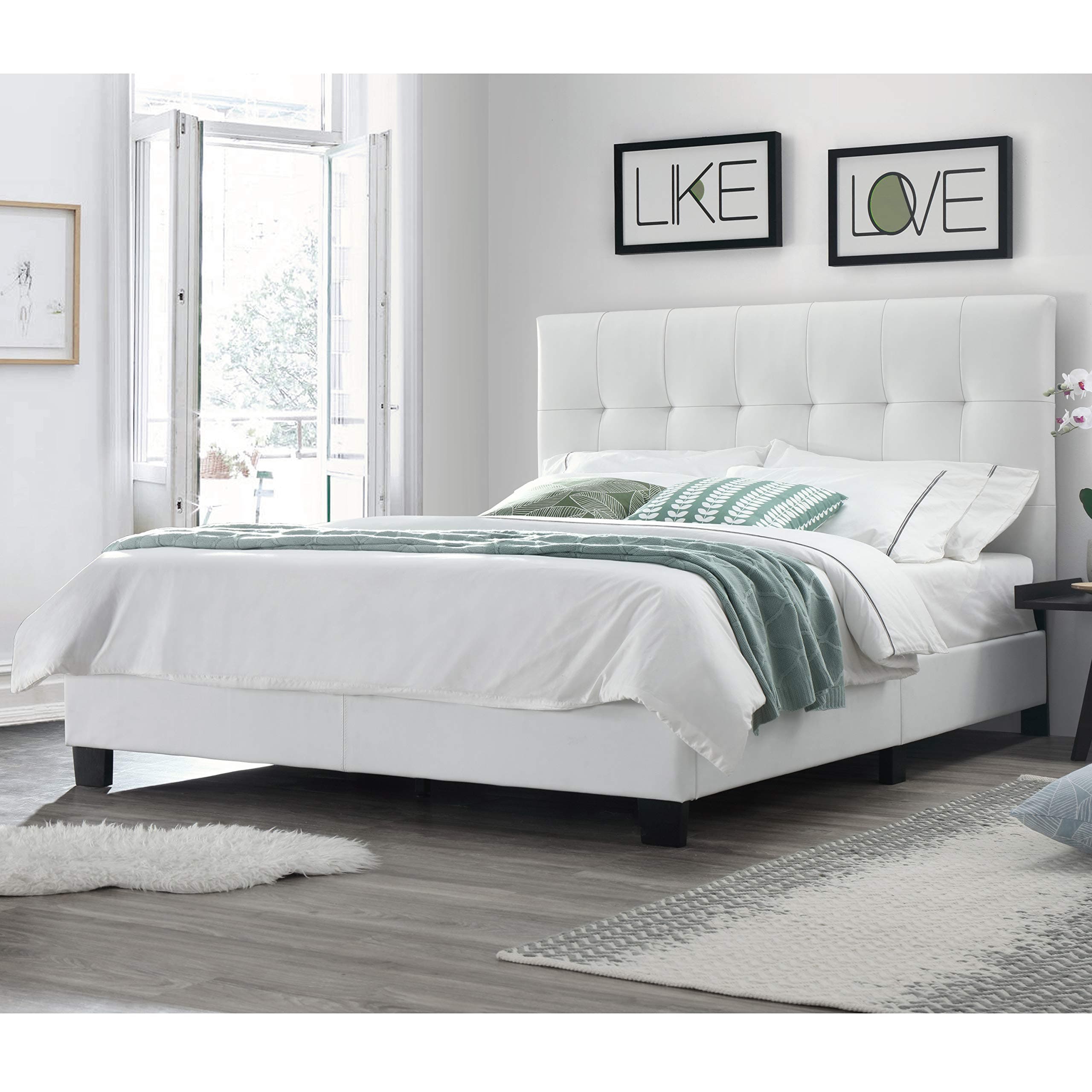 DG CasaBianca Upholstered Platform Bed Frame with Square Button Tufted Headboard and Full Wooden Slats, Box Spring Not Required - Queen Size in Faux Leather Fabric