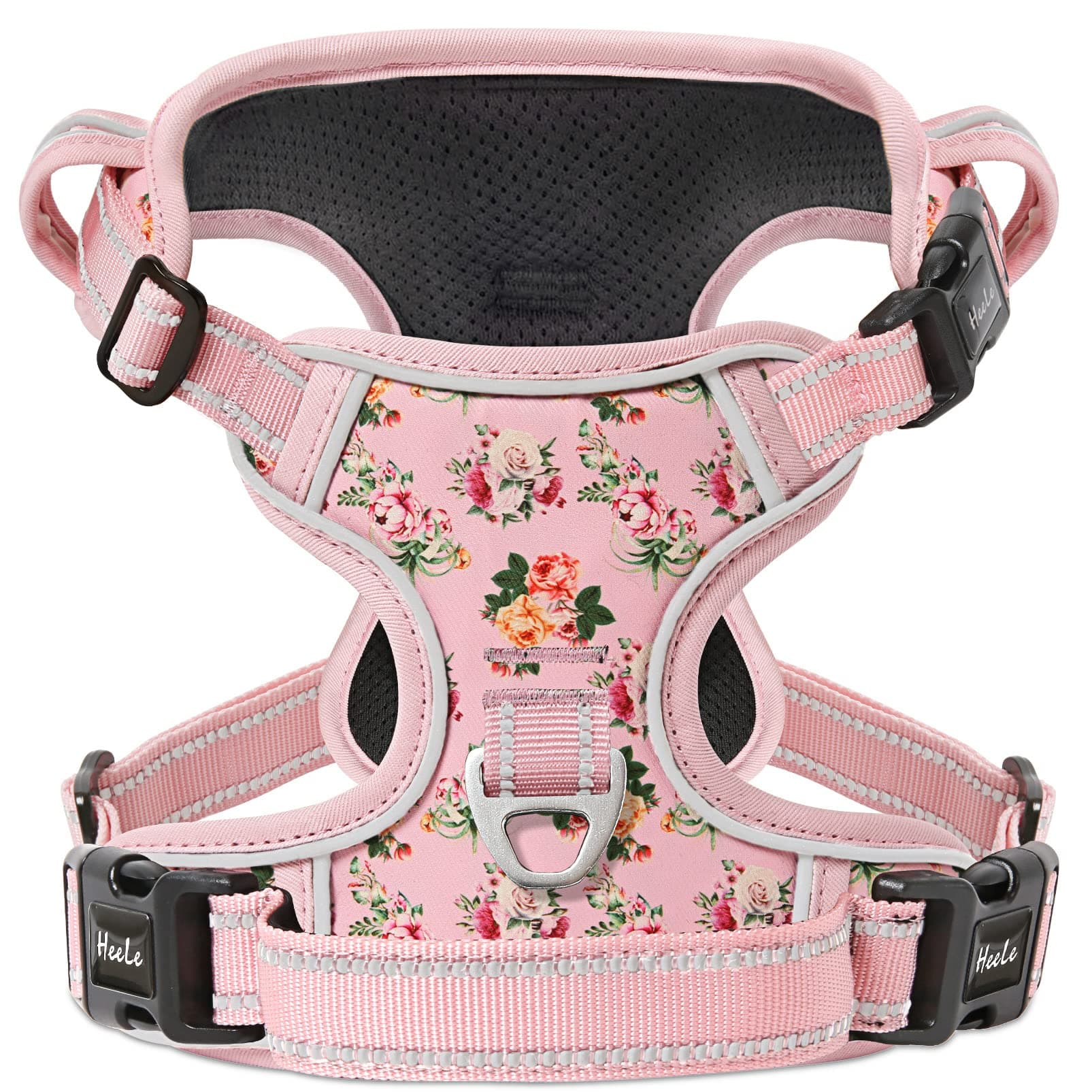 Dog Harness, Anti-Pull Reflective Dog Harness with Padded Handle for Medium Large Dogs, 1 Buckle on the Right Neck Strap Makes it Easy to Put on and Take Off, Floral-Pink, M