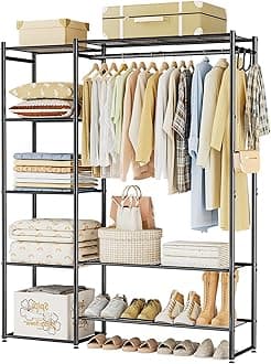 Neprock Clothing Rack with Shelves,Portable Wardrobe Closet for Hanging Clothes with Hanging Rods, Free Standing Closet Rack Shelves Closet Organizers and Storage