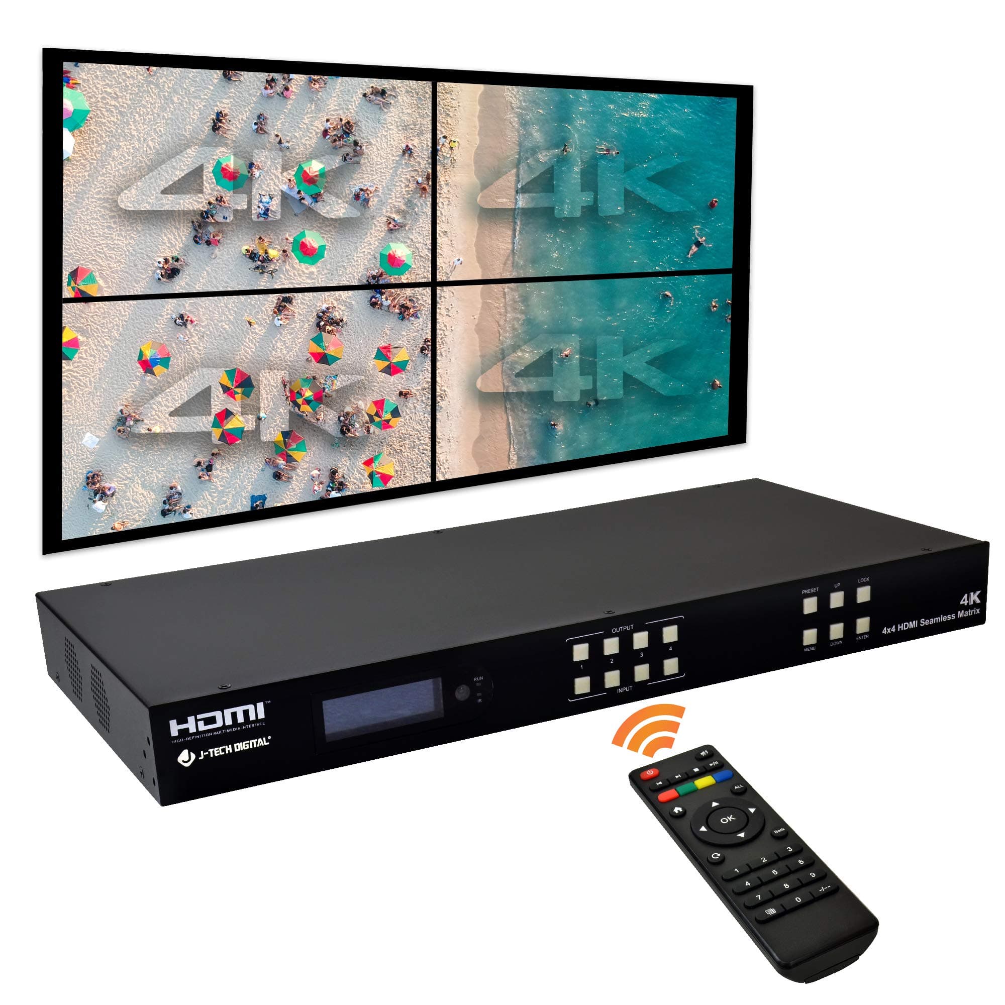 J-Tech Digital 4k 2X2 Video Wall Controller Multiviewer Seamless Matrix 4K@60Hz Input 4K30Hz Output HDCP 2.2 [JTECH-VWM04]