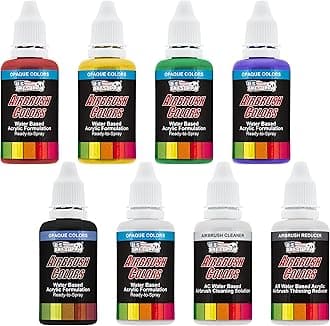 6 Color Starter Acrylic Airbrush, Leather & Shoe Paint Set Primary Opaque Colors plus Reducer & Cleaner, 1 oz. Bottles