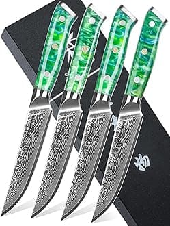 Steak Knives Set of 4, Ultra Sharp Non Serrated Kitchen Steak Knife 5 Inch - Damascus Steel & Resin Handle - Xuan Series(Jade Green)