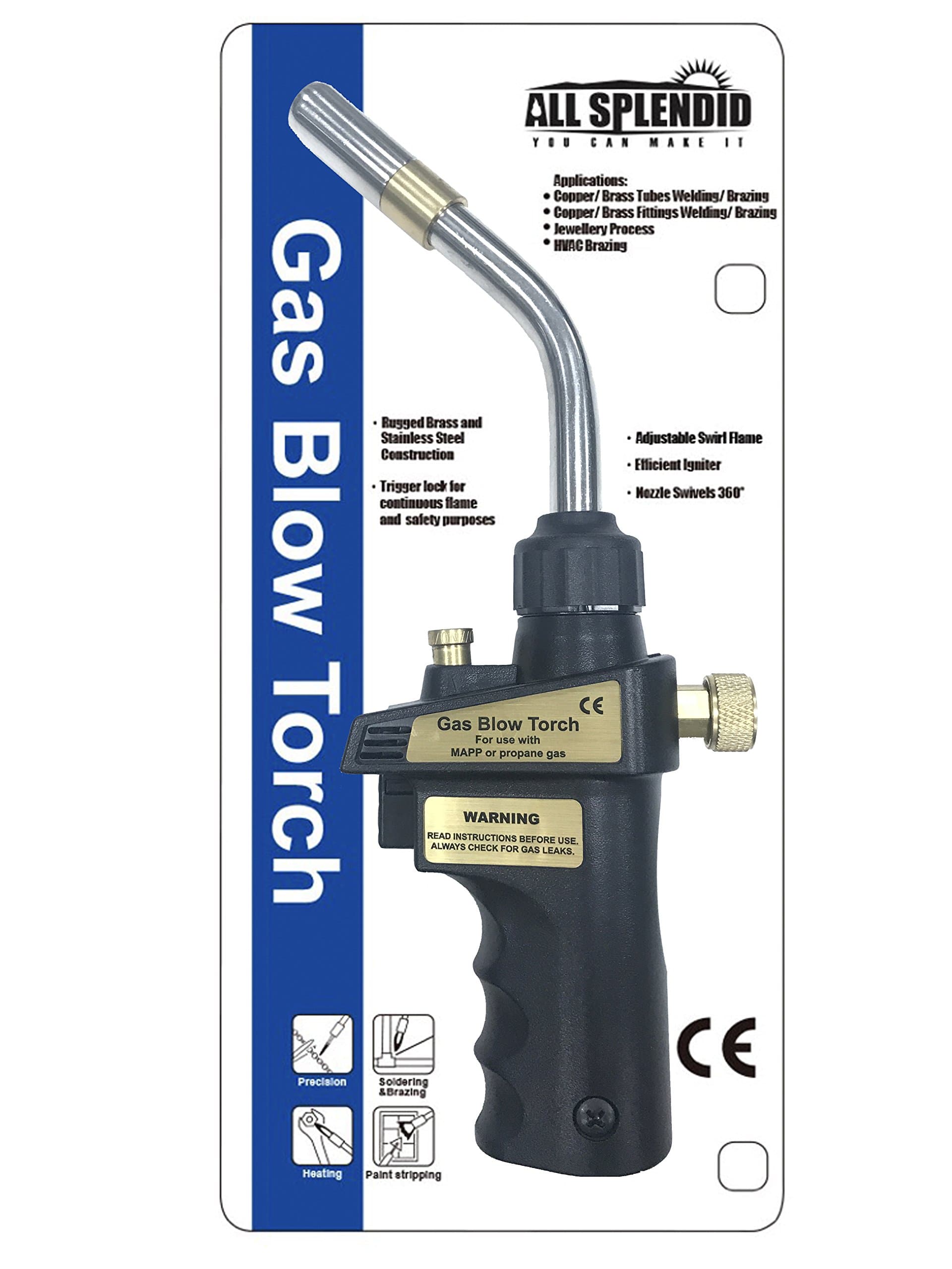 All Splendid Propane Trigger Blow Torch-Auto Ignition Adjustable Swirl Flame Heavy Duty Trigger Start Blow Torch (Stainless Steel Tip, OD 12.8MM)