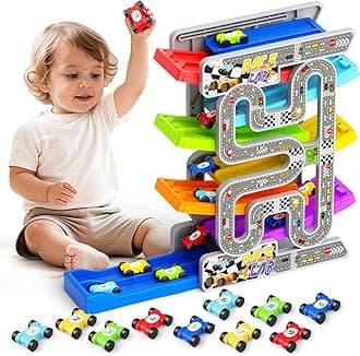 aotipol Toddler Toys for 2 3 Year Old Boy Girl, Double-Track Car Ramp Toy with Pull-Out Parking Lots & 10 Mini Cars, Montessori Toy Birthday Gifts for Toddlers Boys Girls Age 18+ Month Old, New Track