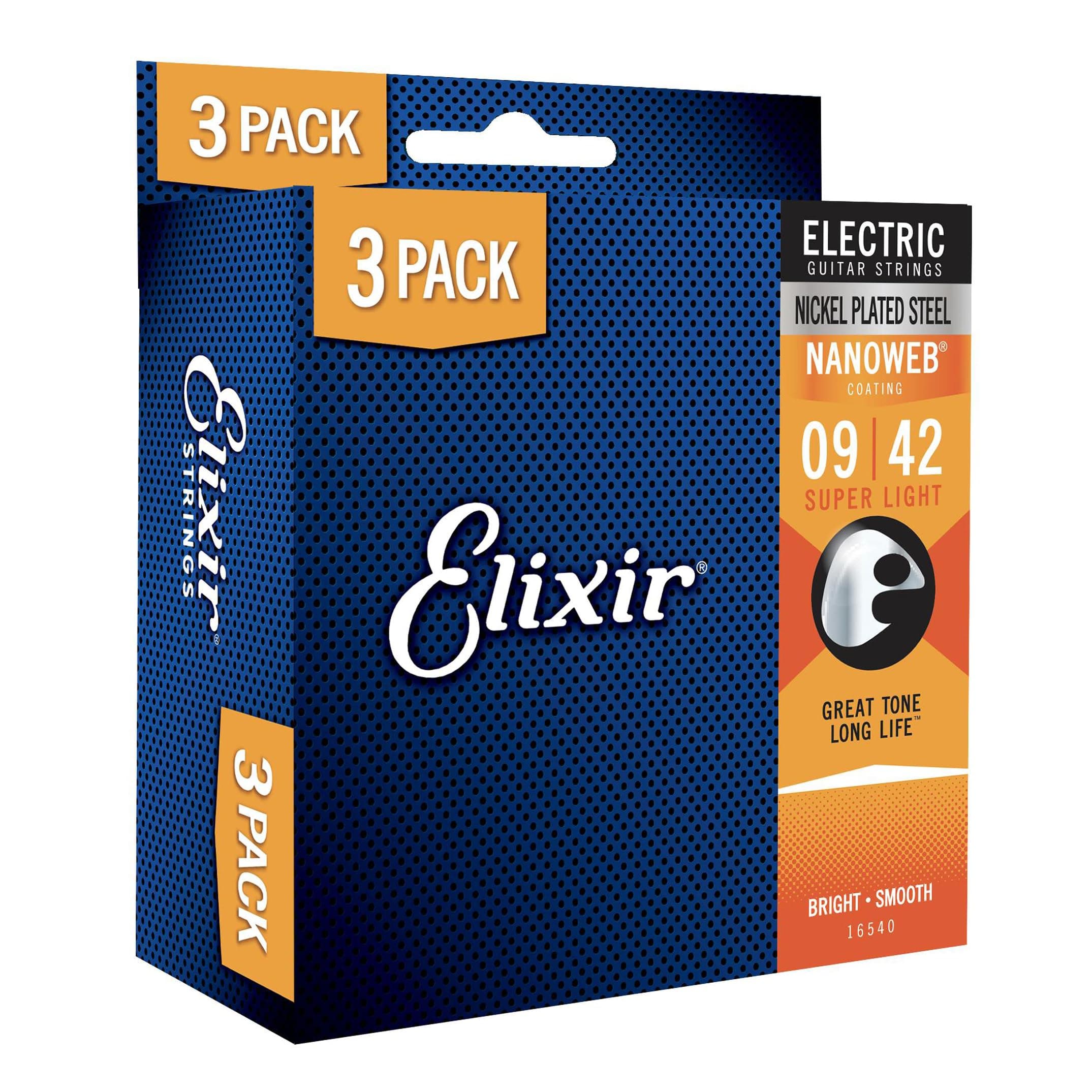Elixir Strings - Nickel Plated Steel Electric Guitar Strings with NANOWEB Coating - Elixir Electric Guitar Strings - 3 Pack, Super Light 9-42