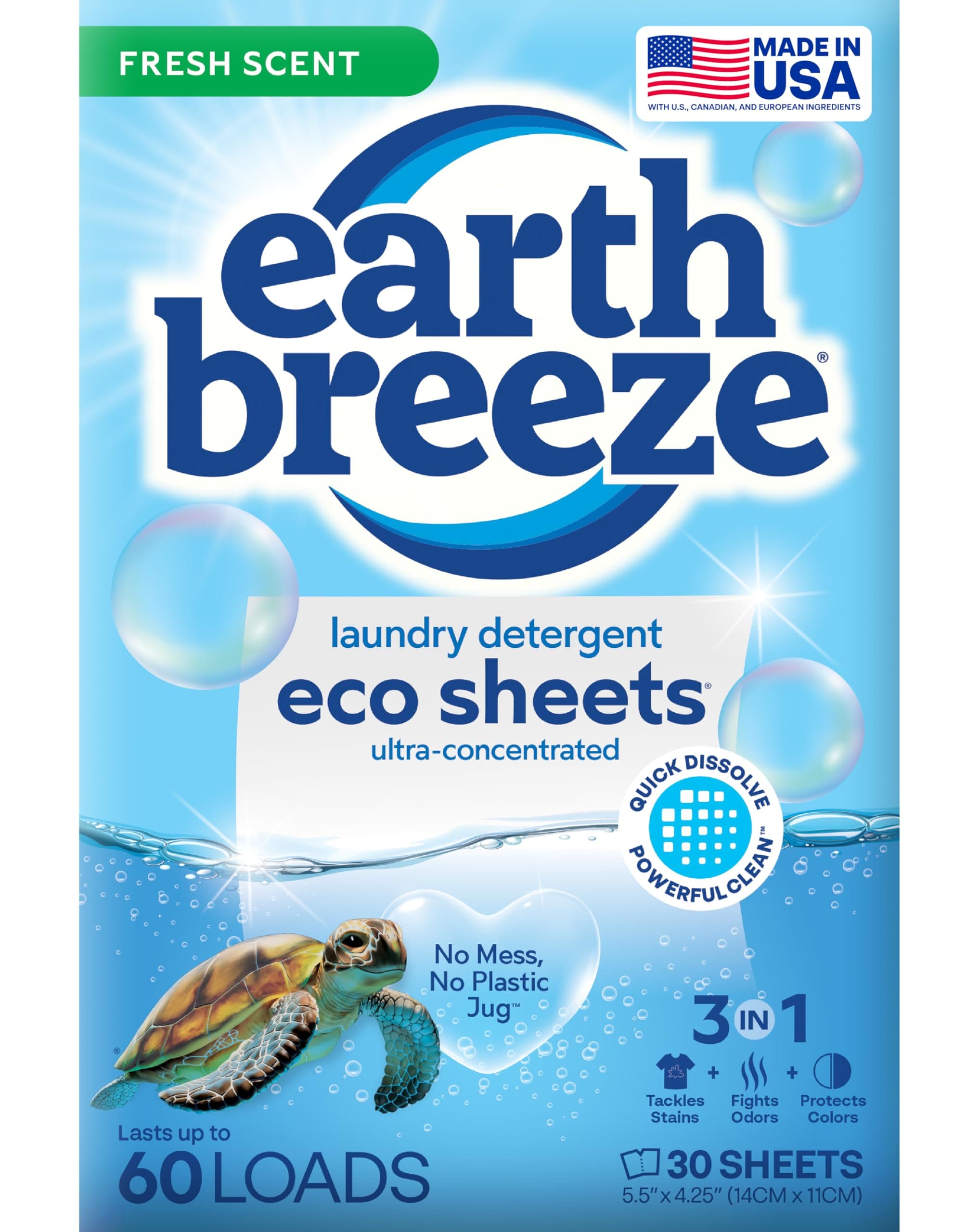 Earth Breeze Laundry Detergent Sheets Fresh Scent - 60 Loads Eco Liquidless Soap - Travel-Friendly for Hot & Cold Cycles, Tackles Tough Stains & Odors - Gentle on Skin, 30 Ct