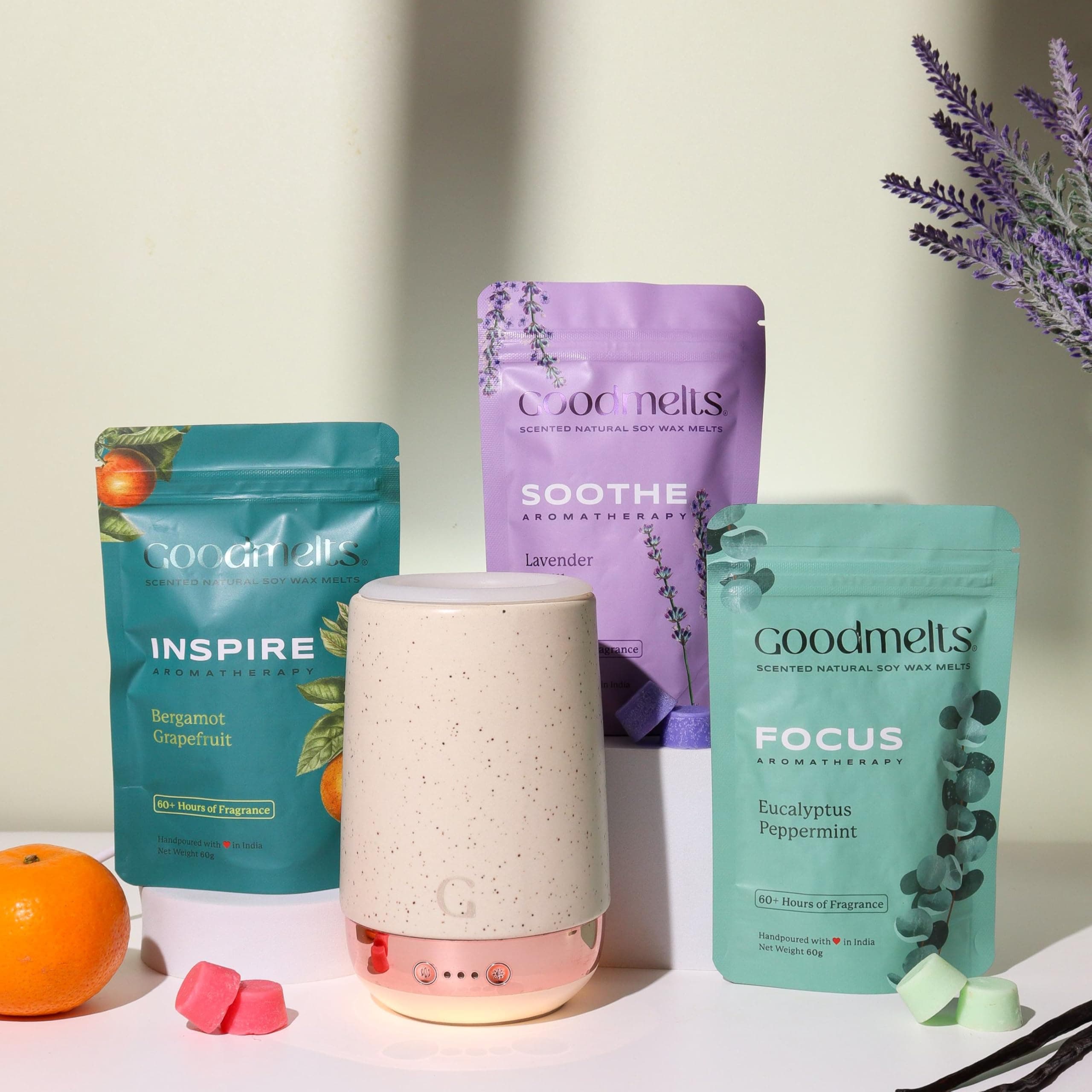 Aura Wax Melting Starter Kit - Ceramic Aroma Diffuser with 1 Warmer & 3 Scented Soy Melts (180+ Hours Scent Time) - Safe, Smoke-Free, Natural Fragrance for Home- Speckled White, Aromatherapy