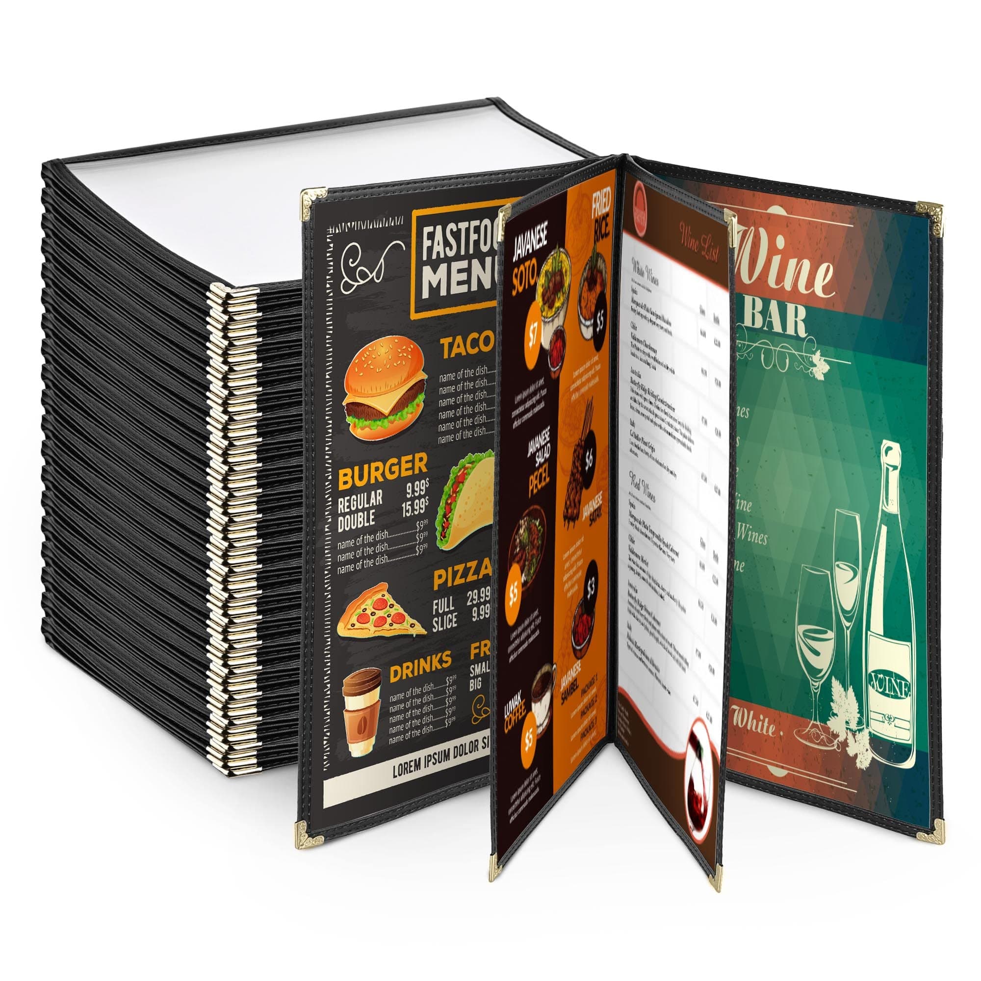 Yescom 20 Pack 8.5"x14" 4 Page 8 View Menu Covers Black Trim Legal Size for Food Restaurant Cafe Bar