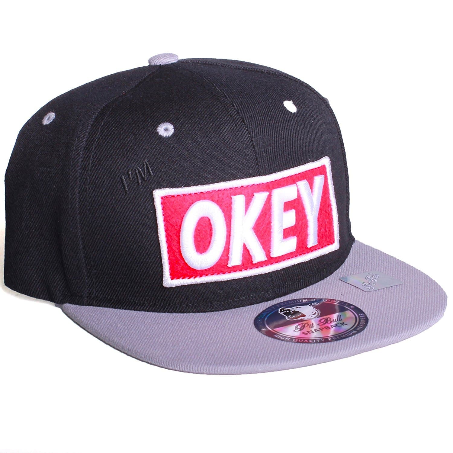 American Cities Pitbull I'm Okey Flat Bill Snapback Hat Cap (One Size, Black Gray Red) [Apparel]