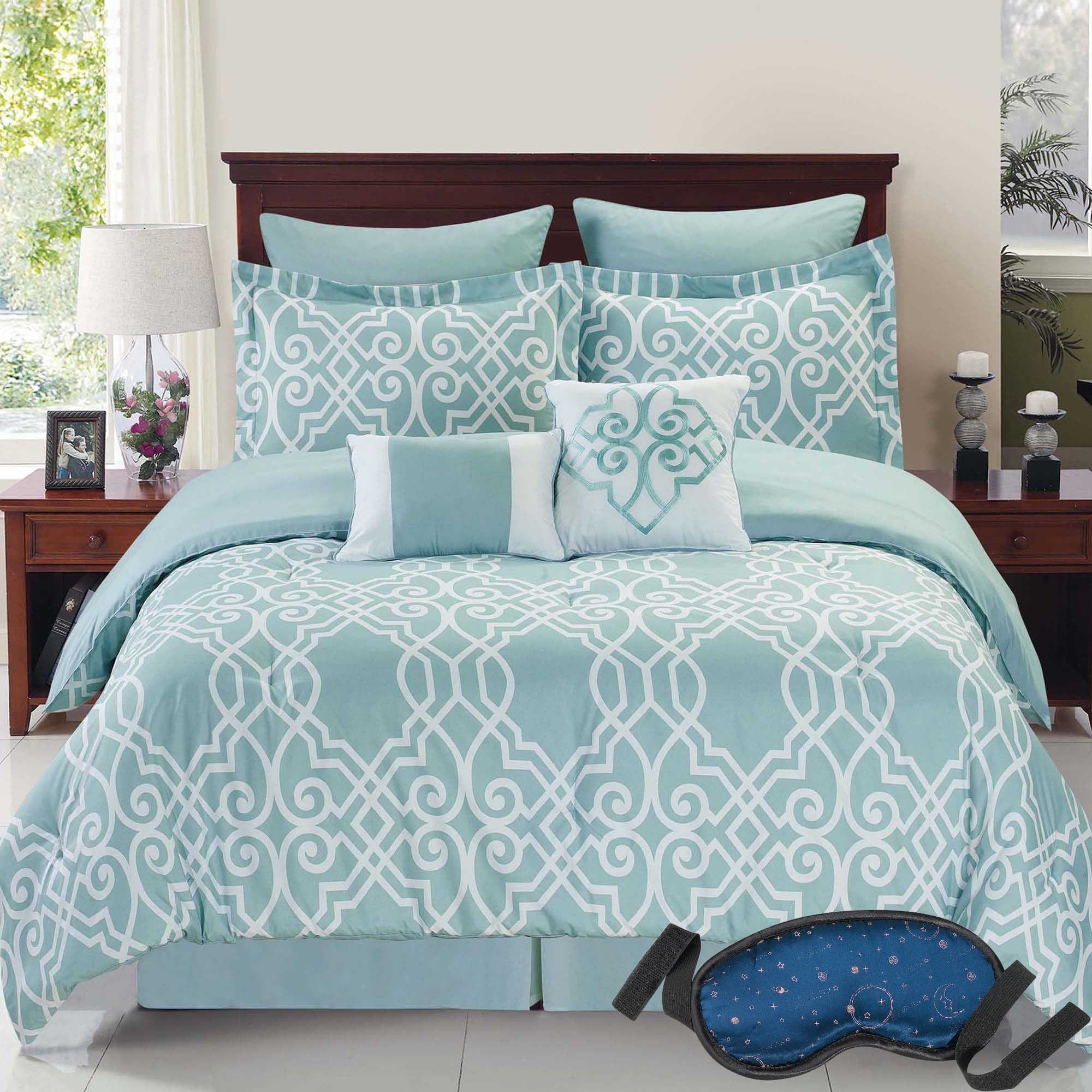 Modern Elegant Reversible Bedding Solid Geometric Sea Foam Embroidered Design Blue Comforter Set, QUEEN (9 Piece Bed in a Bag) with Sleep Mask