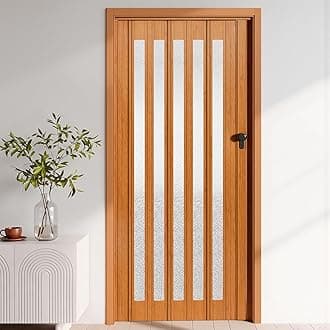 INMOZATA Folding Doors Internal PVC Plastic Features Artistic Patterned Glass Internal Doors with Handle Sliding Concertina Door Panel Divider (Natural, Thickness 10mm)