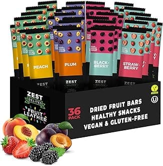 Fruit Snacks by Zest Delites, Fruit Leather, Healthy Snacks for Adults & Kids, Vegan Apple-Based Strips, Dried Strawberry-Peach-Blackberry-Plum Bars, 0.88 oz x 36