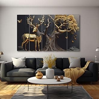 Golden Deer Set of 5 Big Size (27x48) Multiple Frames Wall Art Painting for living room,Bedroom,Drawing room,Hotels-Wooden Framed-Digital Painting