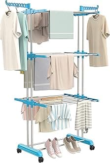 Synergy - Premium Heavy Duty Stainless Steel Clothes Drying Stand | Cloth Dryer Stand | Cloth Stand for Drying Clothes Foldable | Cloth Hanging Stand | Cloth Drying Stand (3 Tier) Blue - SY-CS19