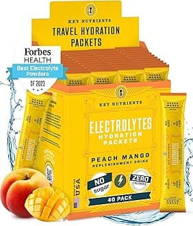 KEY NUTRIENTSElectrolytes Sachets - Multivitamin & Minerals Electrolytes Powder 40 Servings of Tropical Peach Mango Hydration Sachets - Supercharged Rehydration Sachets with 16 Vitamins & Minerals