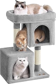 Feandrea Cat Tree, 29.1-Inch Cat Tower, M, Cat Condo for Medium Cats up to 11 lb, Large Cat Perch, 2 Cat Caves, Scratching Post, Light Gray UPCT612W01