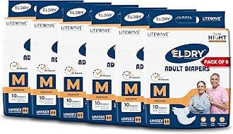 Adult Diaper, Tape Style, Medium (M) Size, 60 Count, Unisex, Waist Size (28-42 Inch | 71-105 cm), Super Absorbent Core, Wetness Indicator, Overnight Protection, Pack of 6