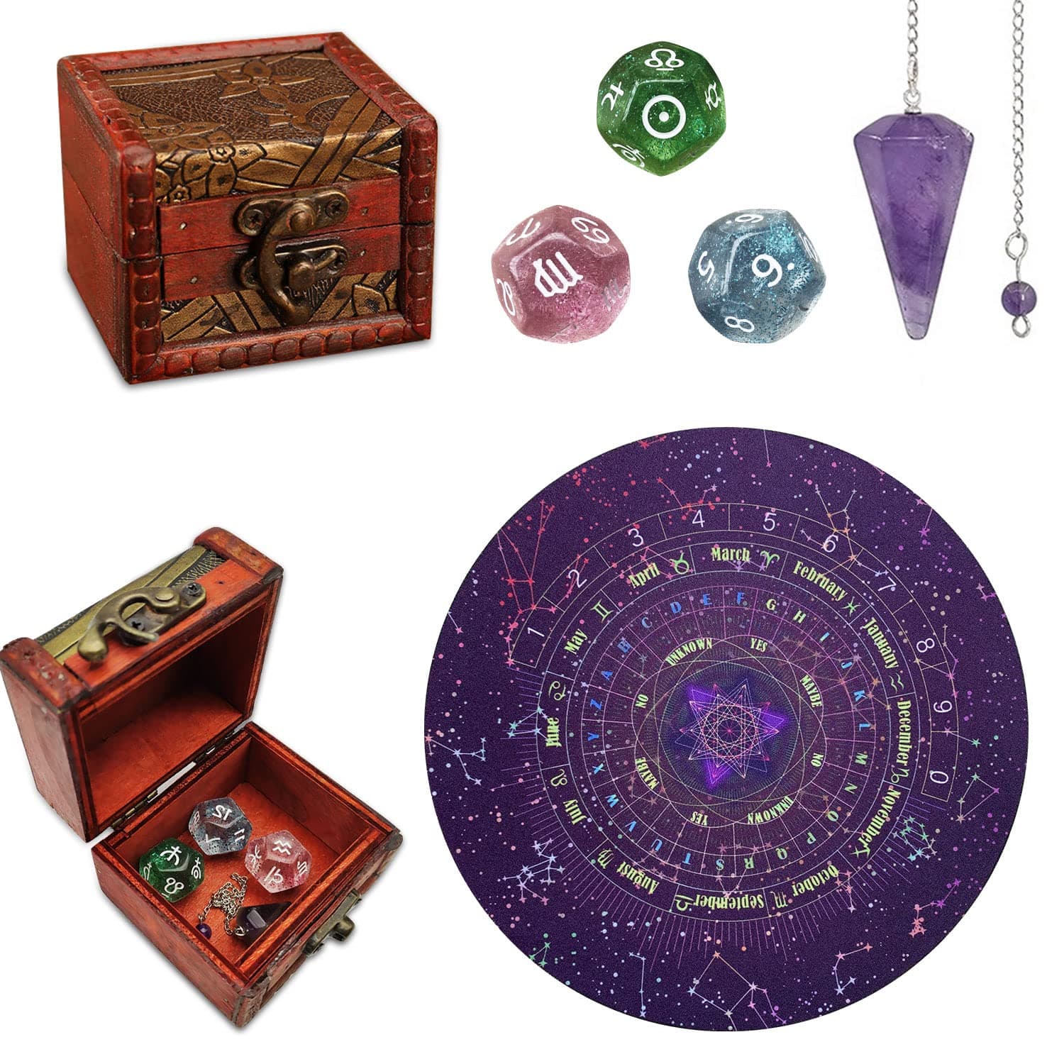 Knana 6Pcs Pendulum Board for Divination - Pendulum Crystal for Dowsing, Tarot Dice Astrology Dice with Box, Wiccan Supplies and Tools, Tarot Divination for Beginners