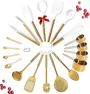 Gold Kitchen Utensils Set - 19-Piece Set Includes Stainless Steel Gold Utensils, White Silicone Tools, and Measuring Cups and Spoons - Luxury Kitchen Accessories for Modern Cooking, Serving, & Gifting