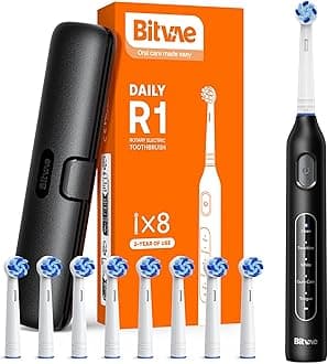 Bitvae Rotating Electric Toothbrush with 8 Brush Heads for Adults and Kids, Travel Case, 5 Modes Rechargeable Power Toothbrush with 2-Minute Smart Timer, 60-Day Battery Life, Black